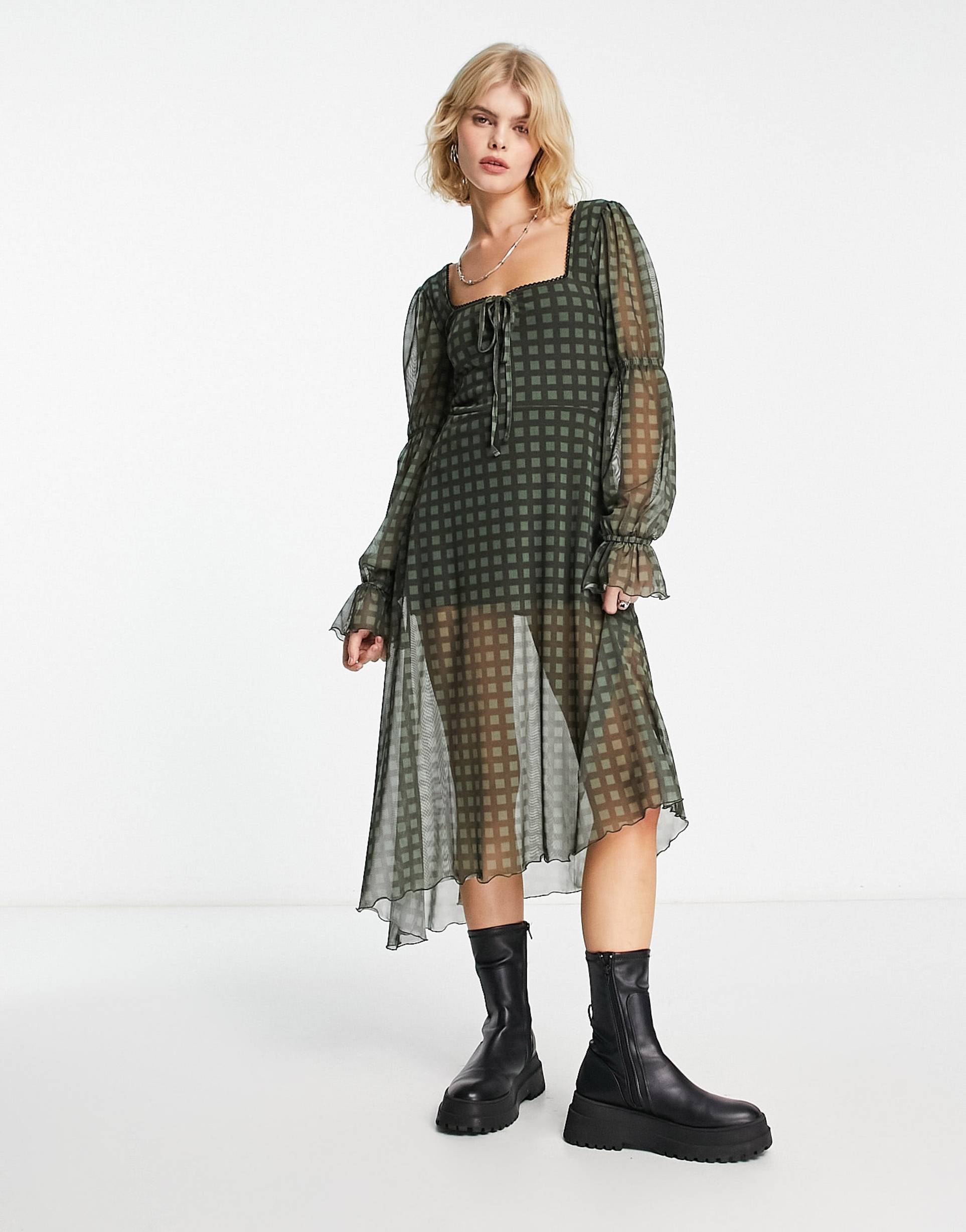 Reclaimed Vintage long sleeve mesh midi dress in khaki gingham print