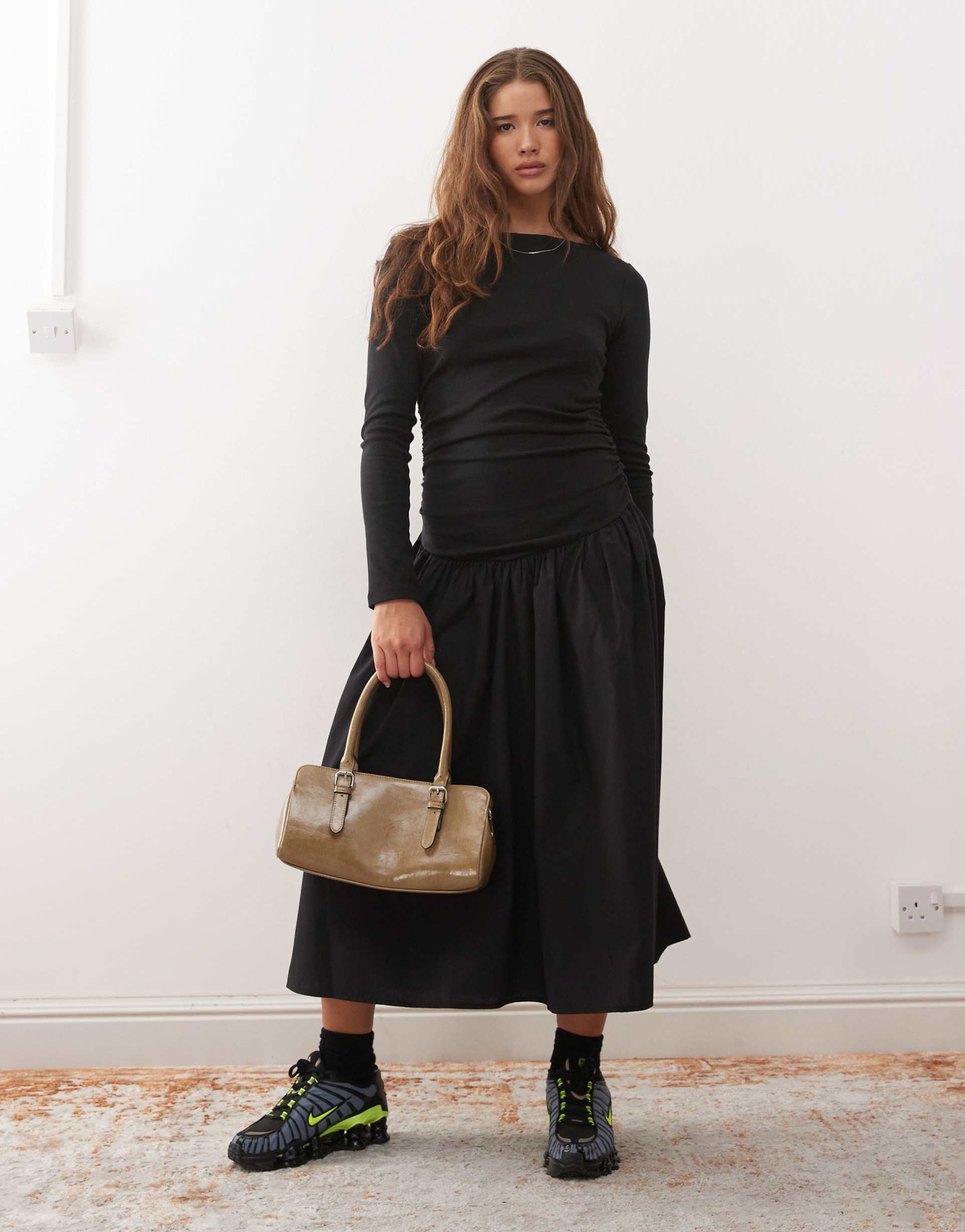 reclaimed vintage long sleeve midi dress with contrast skirt and ruching detailing in black