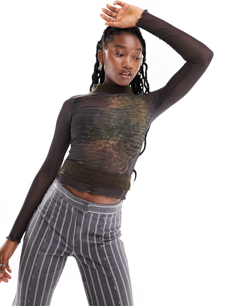 Reclaimed Vintage long sleeve mock neck mesh top