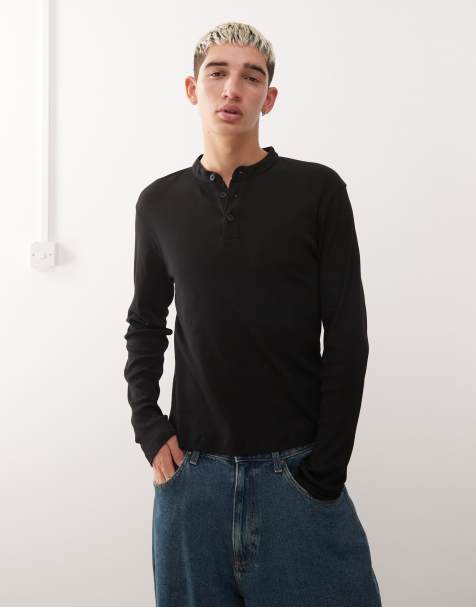 Reclaimed Vintage long sleeve muscle fit rib jersey henley t-shirt in black - view 1