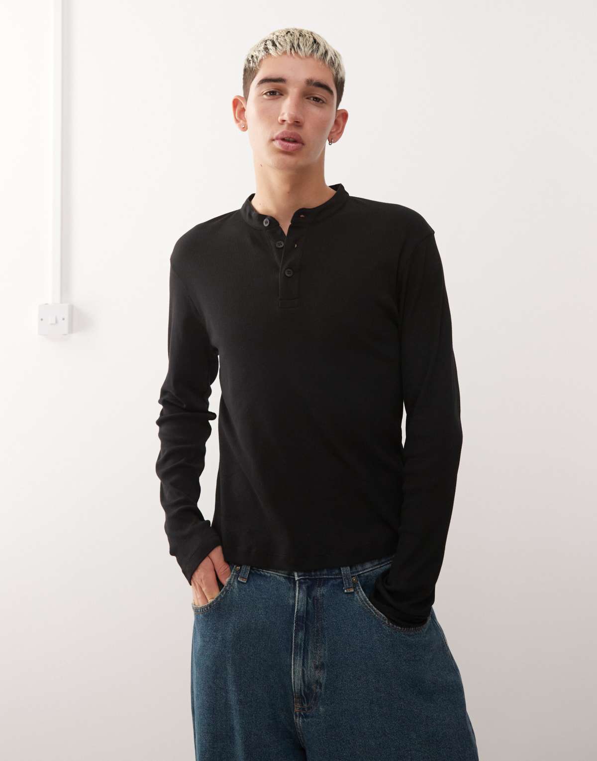 Reclaimed Vintage long sleeve muscle fit rib jersey henley t-shirt in black