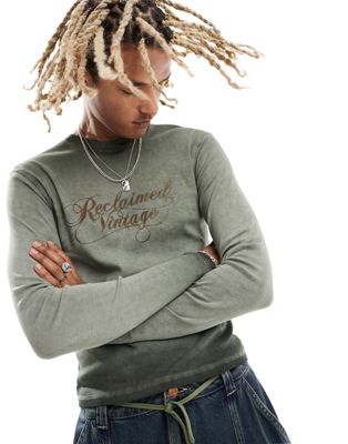 Reclaimed Vintage long sleeve muscle fit t-shirt with print in khaki acid wash-Yellow