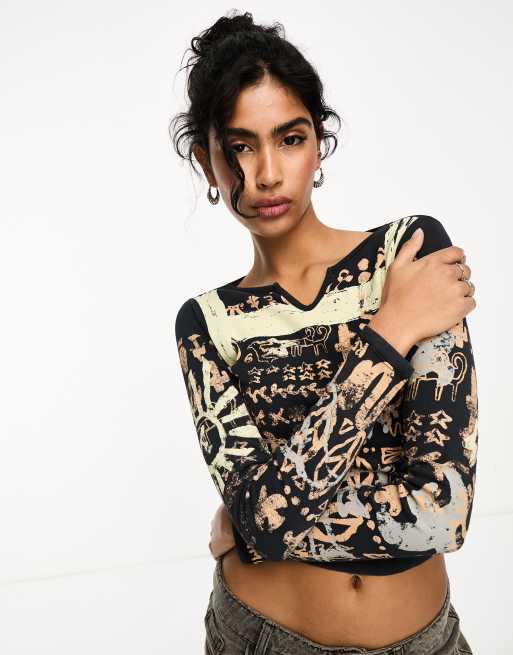 Reclaimed Vintage long sleeve notch neck all over print baby t-shirt