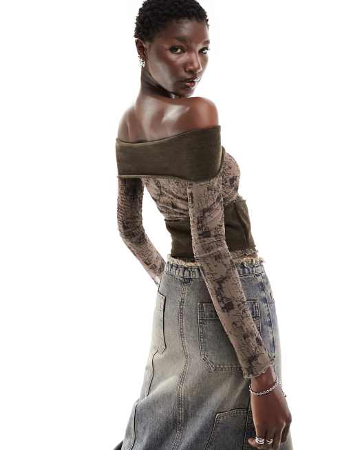 Reclaimed Vintage long sleeve off shoulder mesh hybrid top ASOS