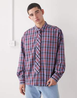 Reclaimed Vintage Reclaimed Vintage long sleeve oversized brushed shirt with tie in blue and red check-Multi