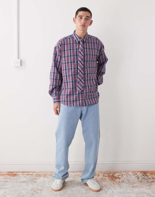Reclaimed Vintage long sleeve oversized brushed shirt with tie in blue and red check