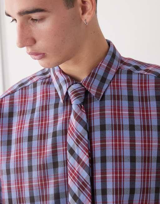 Reclaimed Vintage long sleeve oversized brushed shirt with tie in blue and red check