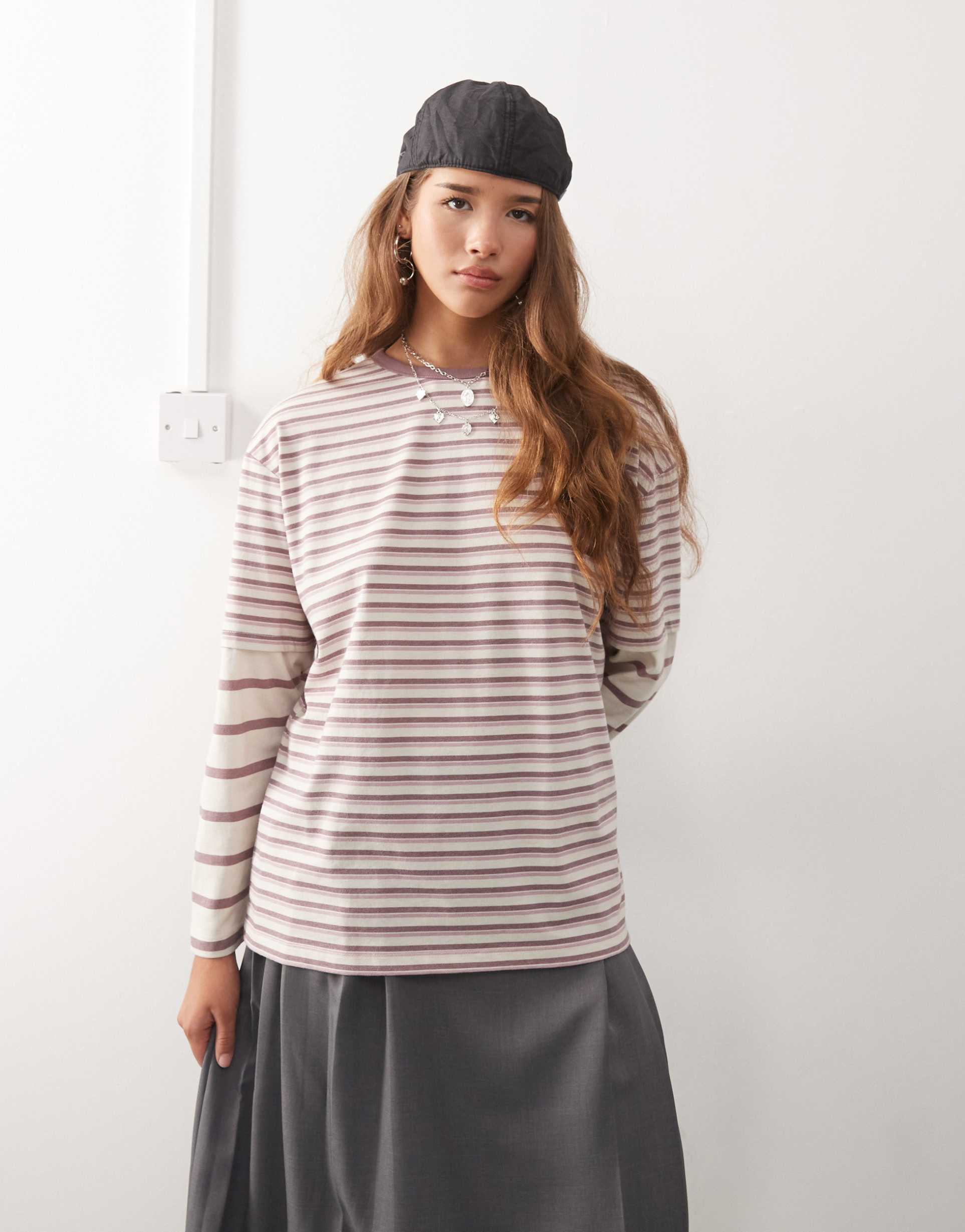 reclaimed vintage long sleeve oversized double layered t-shirt in mixed stripe