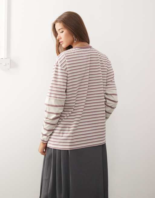Reclaimed Vintage long sleeve oversized double layered T-shirt in mixed stripe, 4 of 4