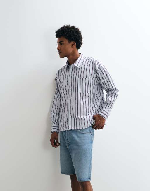 Reclaimed Vintage long sleeve oversized shirt in white with dark stripes, 5 of 5
