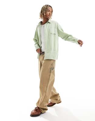 Reclaimed Vintage long sleeve oversized washed shirt with embroidery in green