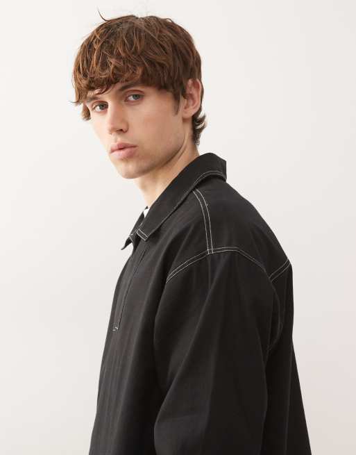 Reclaimed Vintage long sleeve pullover shirt with contrast stitching in black, 4 of 5
