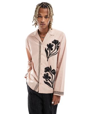 Reclaimed Vintage Long Sleeve Revere Shirt With Embroidery-neutral