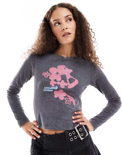 Reclaimed Vintage long sleeve rib top with floral print in washed charcoal - view 1