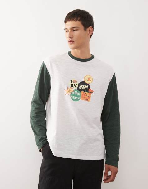 Reclaimed Vintage long sleeve ringer t-shirt with sticker graphics in white and forest green - view 1