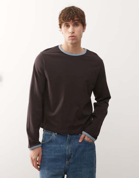 Reclaimed Vintage boxy long sleeve t-shirt in chocolate brown with contrast binding 