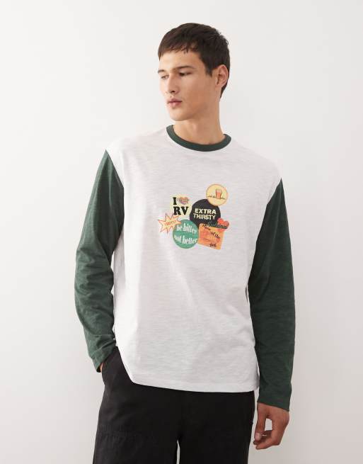 Reclaimed Vintage long sleeve ringer tee with graphic in white and forest green