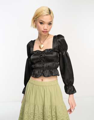 Reclaimed Vintage Long Sleeve Satin Ruffle Top With Tie Back In Black-multi