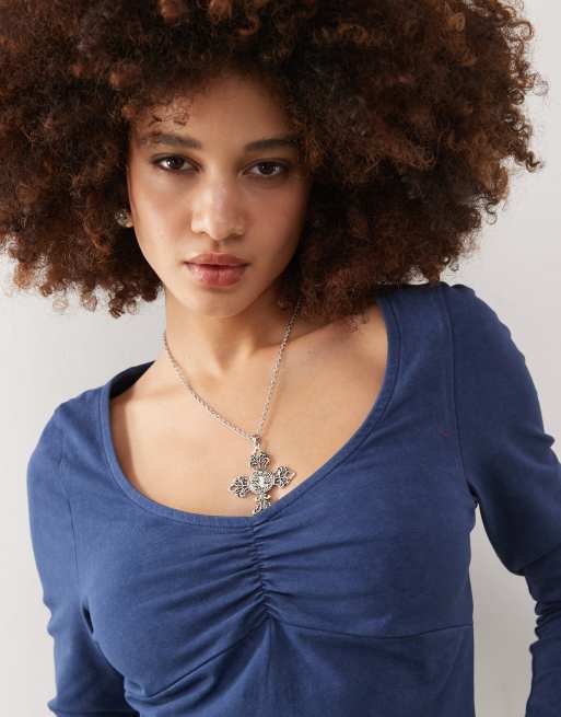 Reclaimed Vintage long sleeve scoop neck top in washed navy, 2 of 4