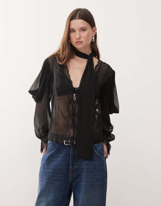 Reclaimed Vintage long sleeve sheer blouse with lace trims and skinny scarf in black