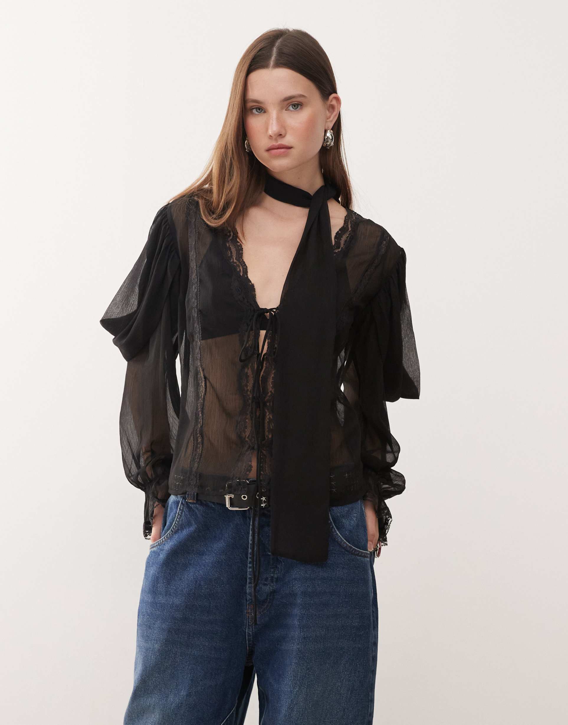 reclaimed vintage long sleeve sheer day top with lace trim and skinny scarf in black