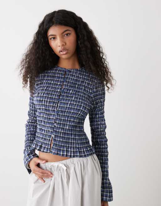 Reclaimed Vintage long sleeve shirred top with flared sleeves in blue plaid