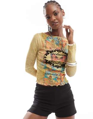 Reclaimed Vintage Long Sleeve Slash Neck Mesh Top In Floral Animal Print-multi