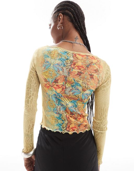 Reclaimed Vintage long sleeve slash neck mesh top in floral animal print