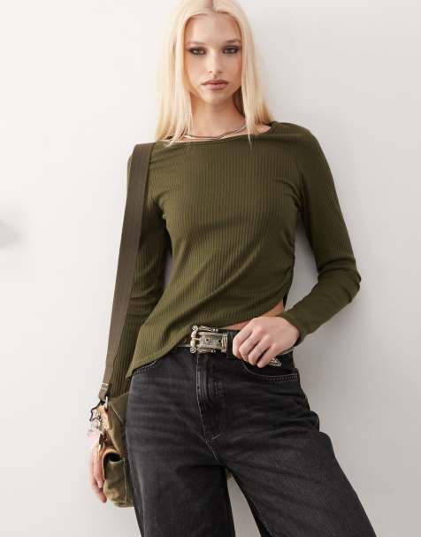 Reclaimed Vintage long sleeve slash neck rib top in khaki - view 1