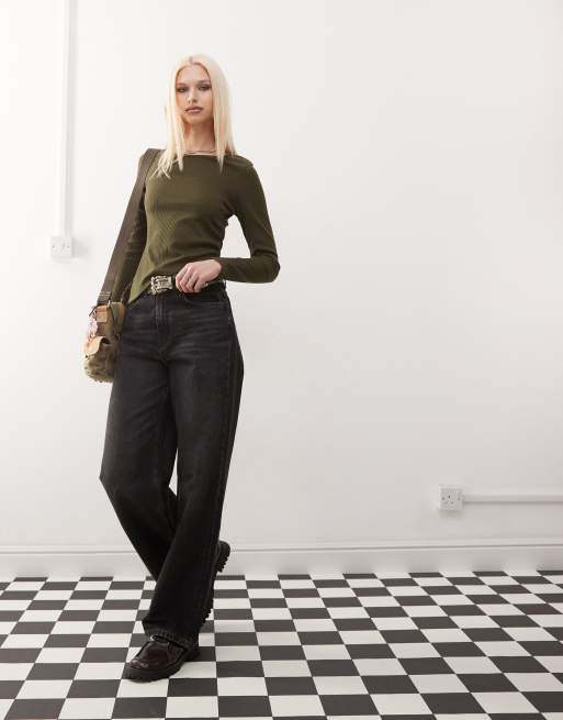 Reclaimed Vintage long sleeve slash neck rib top in khaki, 2 of 4