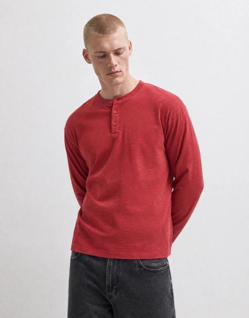 Reclaimed Vintage long sleeve slub jersey henley t-shirt in red, 10 of 10