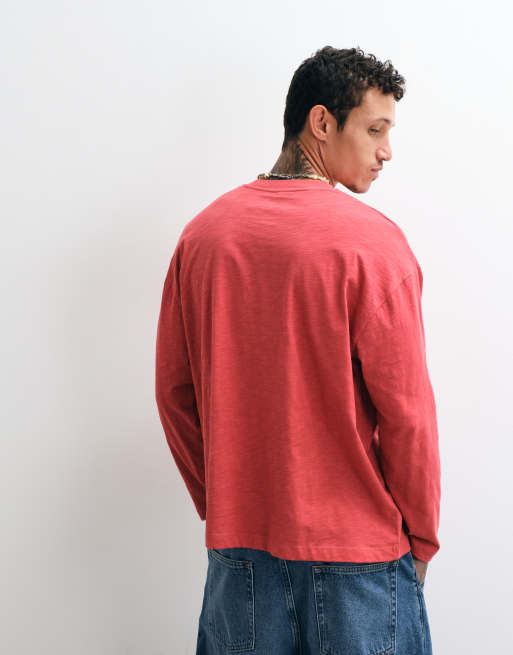 Reclaimed Vintage long sleeve slub jersey henley t-shirt in red, 3 of 10