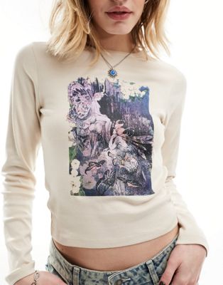 Reclaimed Vintage Long Sleeve T-shirt With Fairy Print In Washed Stone-white