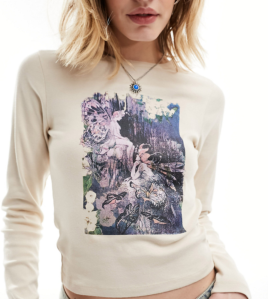 Reclaimed Vintage long sleeve t shirt with fairy print in washed stone-White