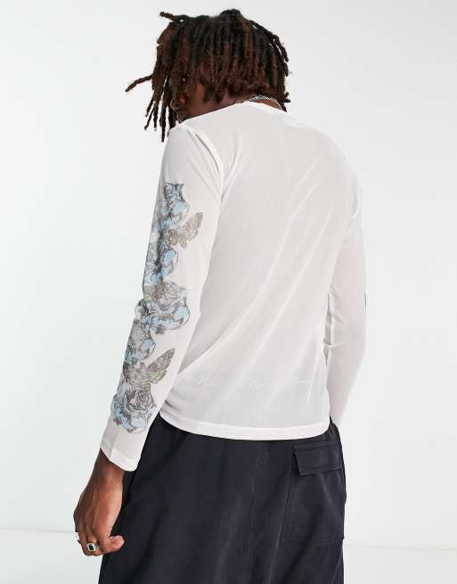 Reclaimed Vintage long sleeve tattoo print mesh top in beige, 3 of 4