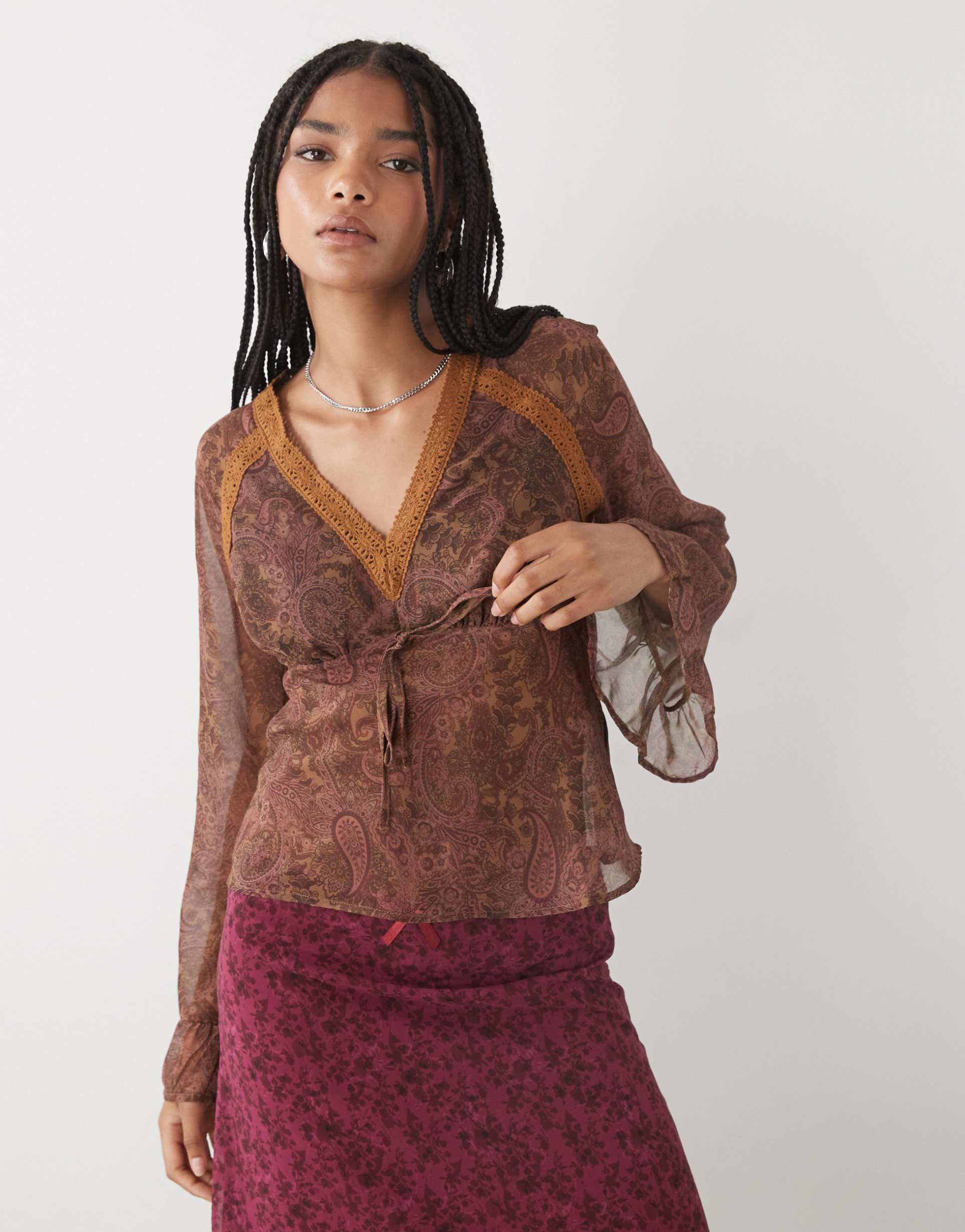 reclaimed vintage long sleeve tea top with lace trim in brown paisley print
