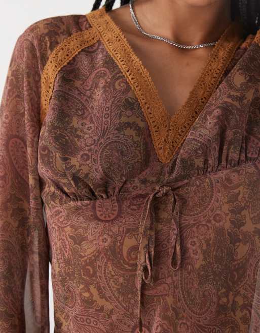 Reclaimed Vintage long sleeve tea top with lace trims in brown paisley print, 2 of 4