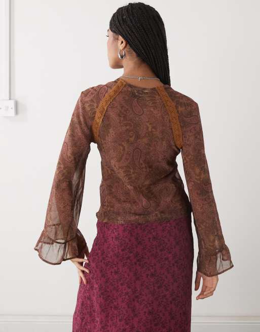 Reclaimed Vintage long sleeve tea top with lace trims in brown paisley print, 3 of 4