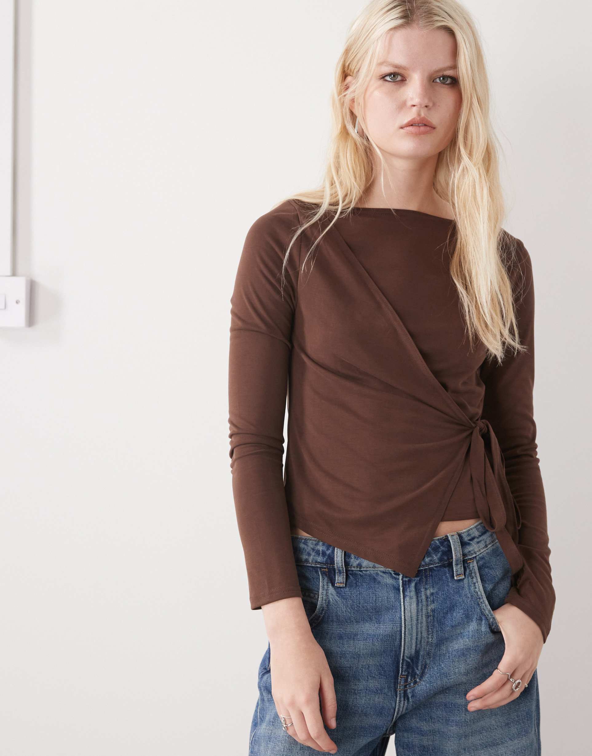 reclaimed vintage long sleeve tie side top in chocolate brown