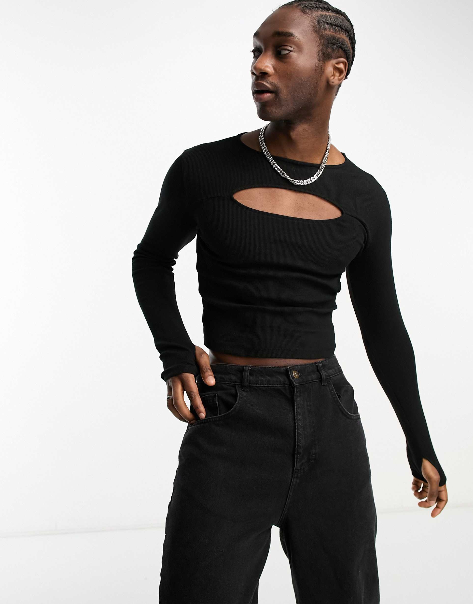 Reclaimed Vintage long sleeve top in black rib with cut outs view 2