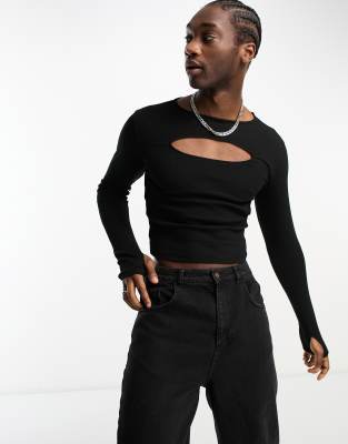 Black Rib Cut Out Long Sleeve Crop Top