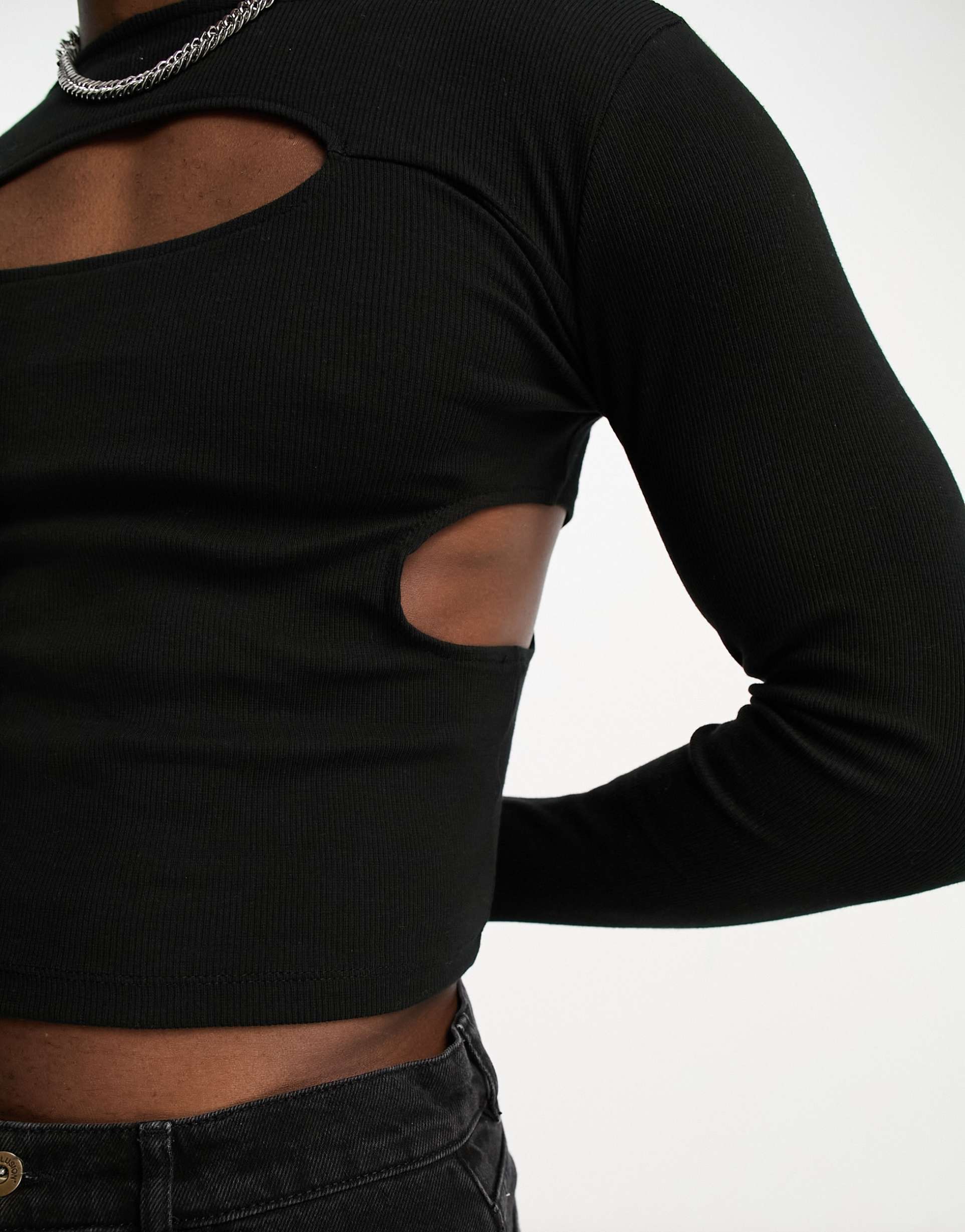 Reclaimed Vintage long sleeve top in black rib with cut outs view 3