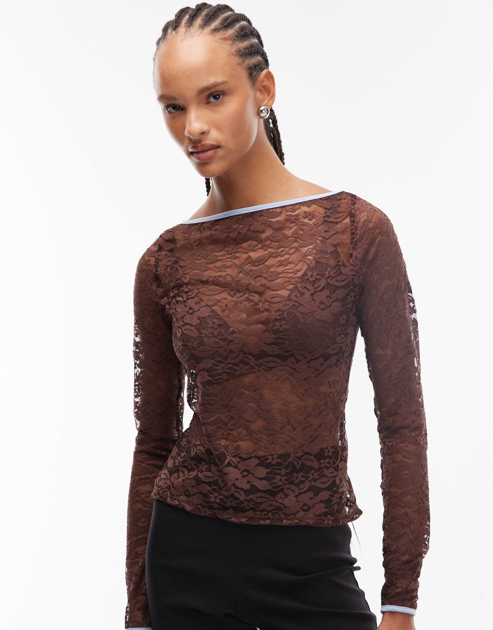 reclaimed vintage long sleeve top in chocolate brown lace