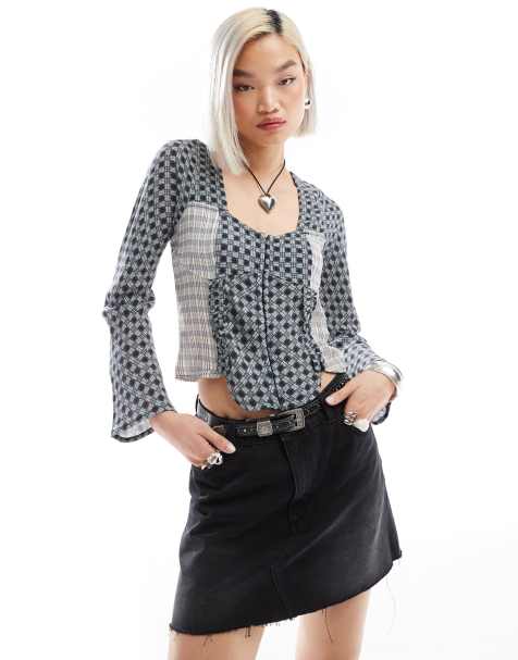 Reclaimed Vintage long sleeve top in mixed blue checks - view 1