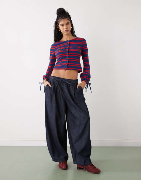 Reclaimed Vintage balloon sleeve top with tie cuff detail in red and blue stripe