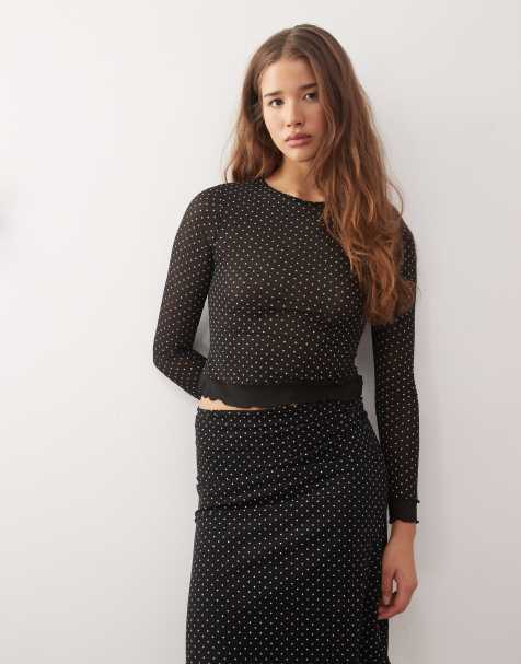 Reclaimed Vintage long sleeve top with contrast trim in polka dot - view 1