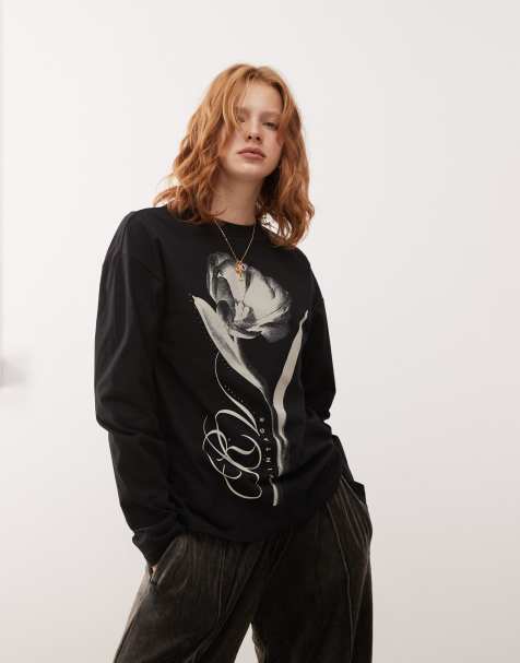 Reclaimed Vintage long sleeve top with flower print in black - view 1