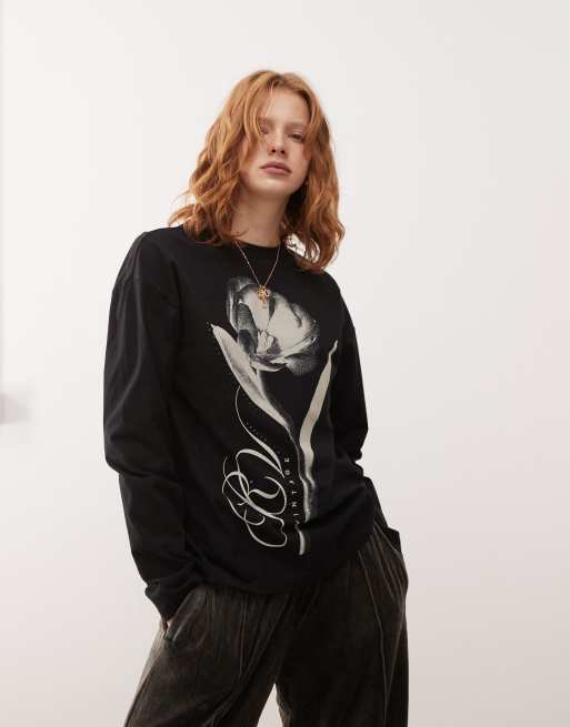 Reclaimed Vintage long sleeve top with flower print in black