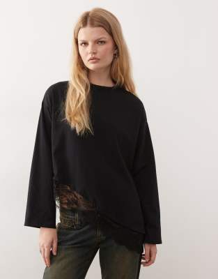 Reclaimed Vintage Long Sleeve Top With Lace Asymmetric Hem In Black