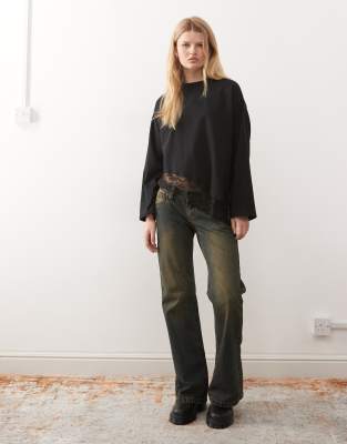 Reclaimed Vintage Long Sleeve Top With Lace Asymmetric Hem In Black